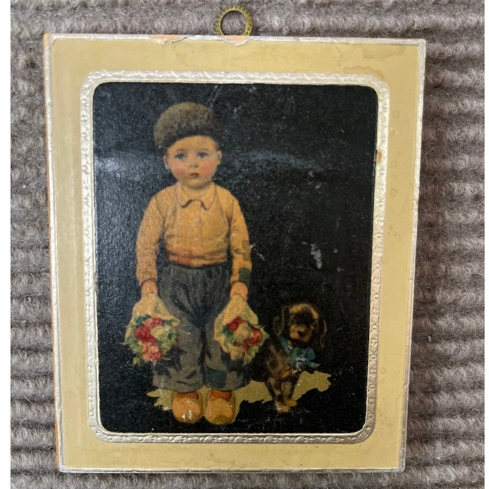 Vintage Dutch Children Wood Wall Plaques Set of 2 Miniature Folk Art Boy Girl